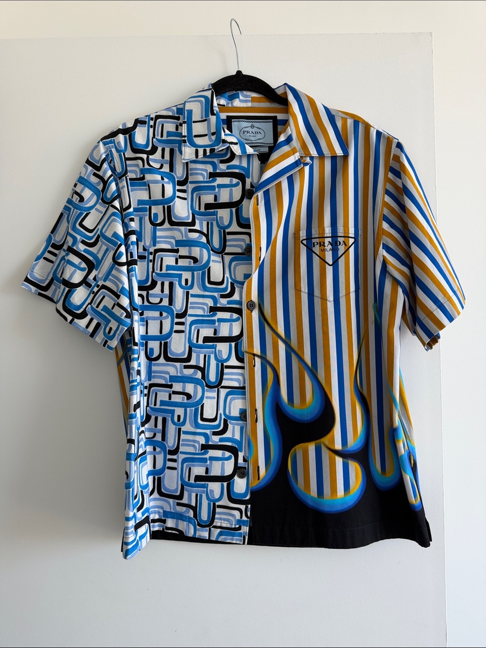 Prada Men’s Short-Sleeve Mixed-Print Button-Down Shirt - Blue/Yellow/Black
